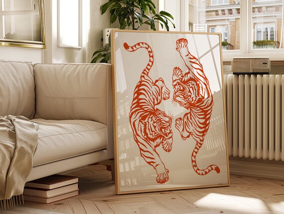 Pair Of Orange Tigers Mirrored Minimalist Line Art Wildlife Poster
