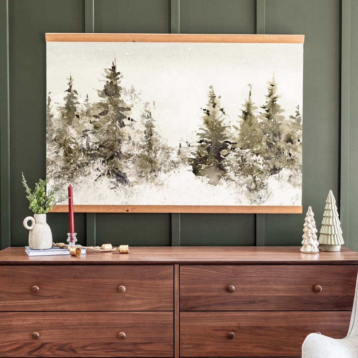 Snowy Pine Forest in Monochrome Green Watercolor Holiday Print - Image 3