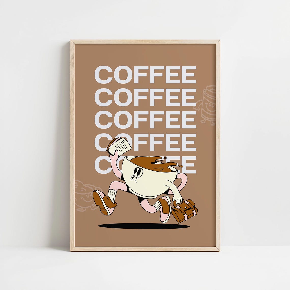 Coffee Repeat Running Cup Mascot Brown Retro Kitchen Wall Poster