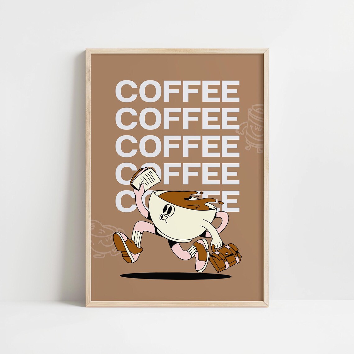 Coffee Retro Wall Art Print Cute Brown And Pink Coffee Bar Decor Retro Coffee Illustrations Wall Art