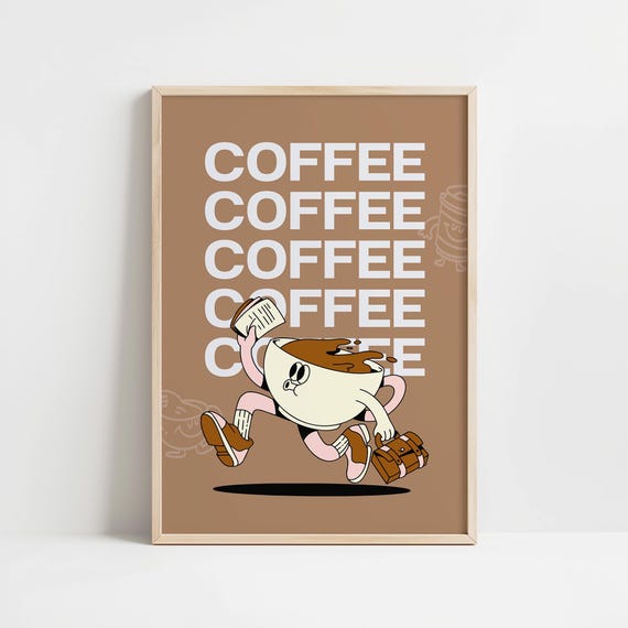 Coffee Retro Wall Art Print Cute Brown And Pink Coffee Bar Decor Retro Coffee Illustrations Wall Art