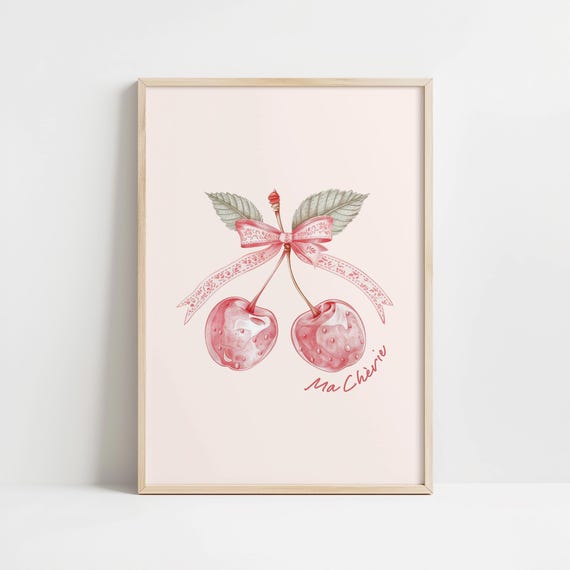 Ma Cherie Coquette Cherries Trendy Wall Art Print Cherry Illustration Wall Art Poster Pink And Red Decor
