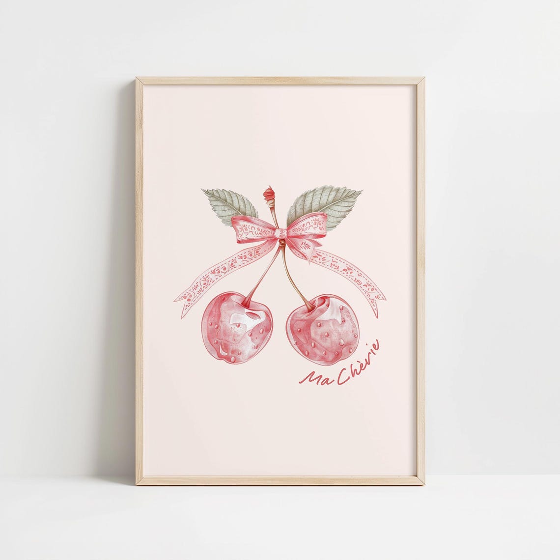 Ma Cherie Cherries Pink Bow Coquette Illustration Decorative Wall Art