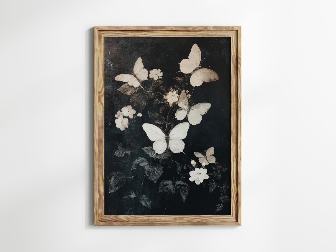 White Butterflies Dark Moody Botanical Oil Painting Art Print - Image 2