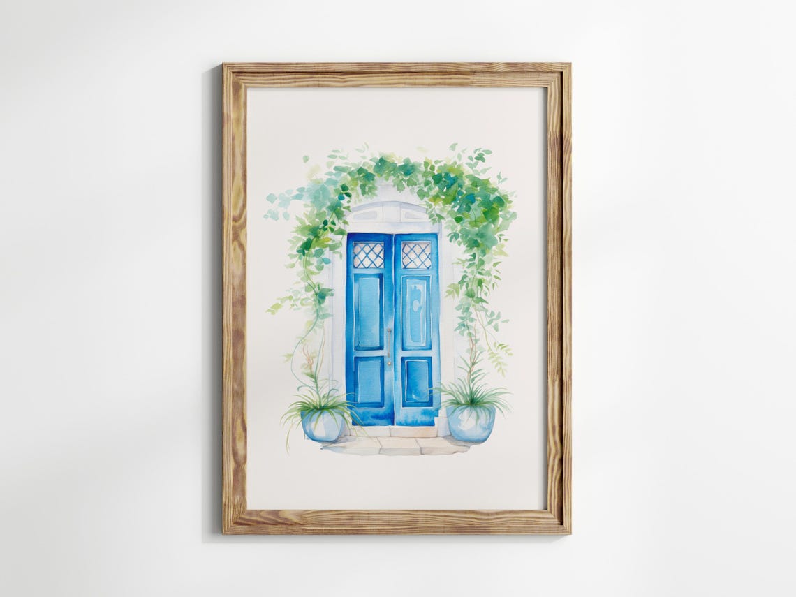 Blue Mediterranean Door Watercolor With Climbing Vines Poster - Image 2