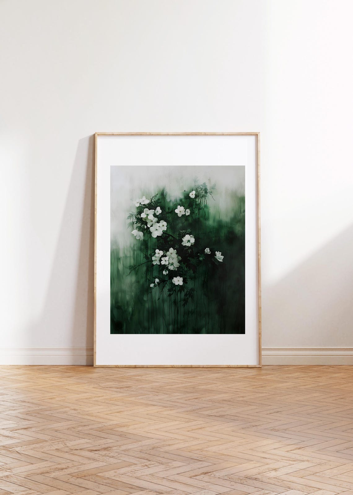 Minimalist White Flower Serene Moody Green Botanical Art Poster - Image 2