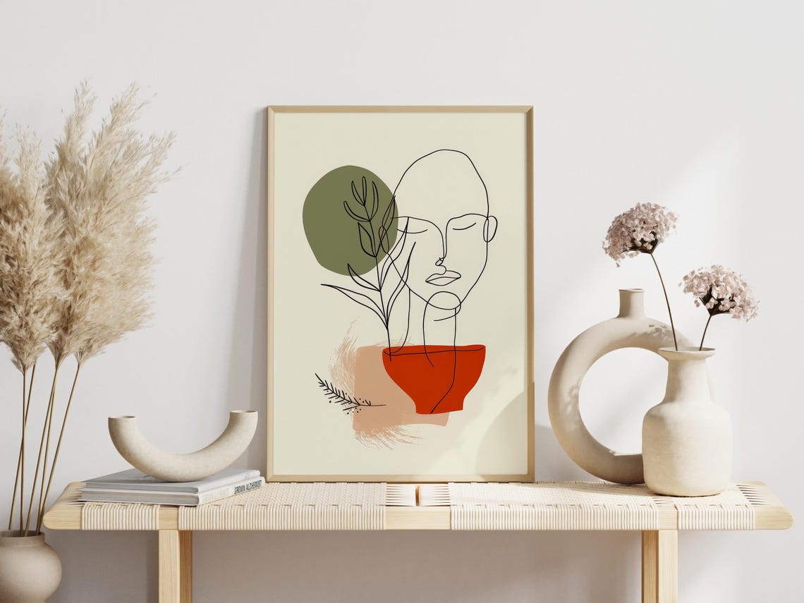 Abstract Line Face Minimalist Botanical Terracotta Beige Poster - Image 2