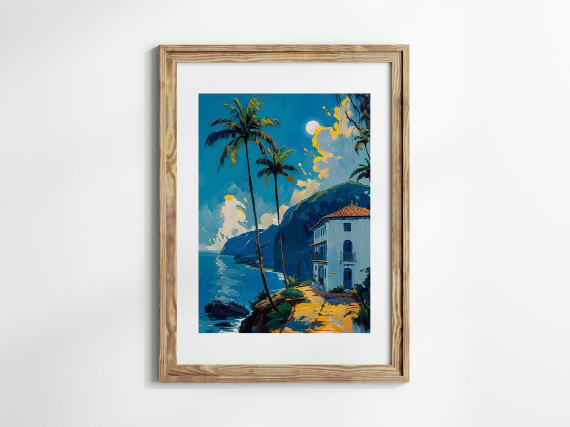Tropical Coastal Moonlit Sunset White Villa Palm Trees Poster - Image 3