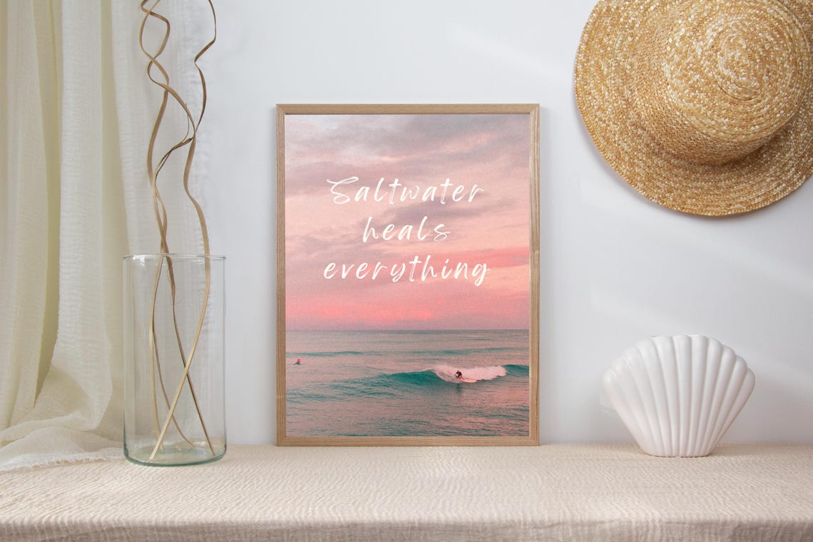 Saltwater Heals Everything Pink Sunset Surf Ocean Quote Print - Image 3