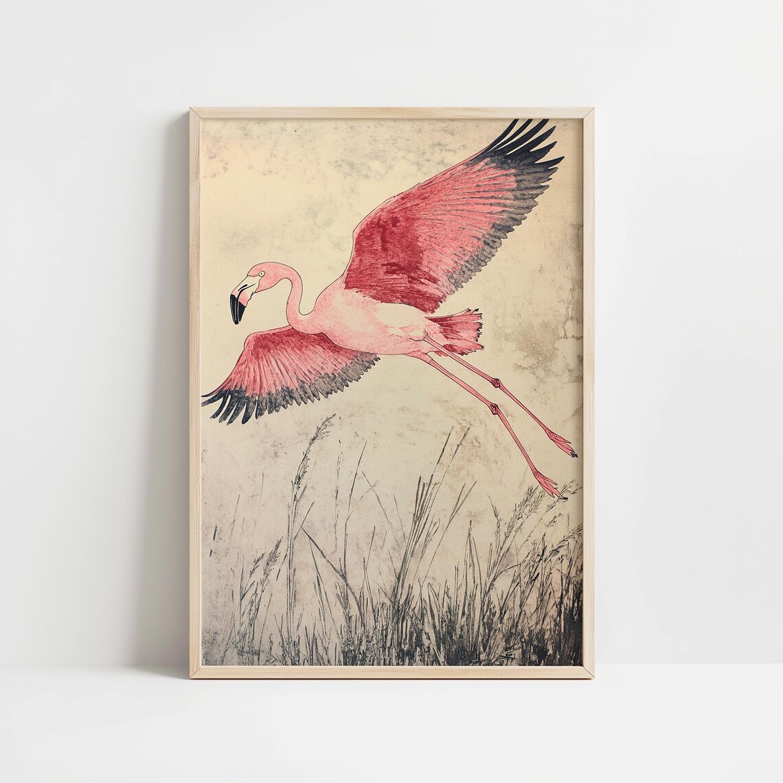 Japandi Flamingo Bird Painting, Minimalist Wall Art