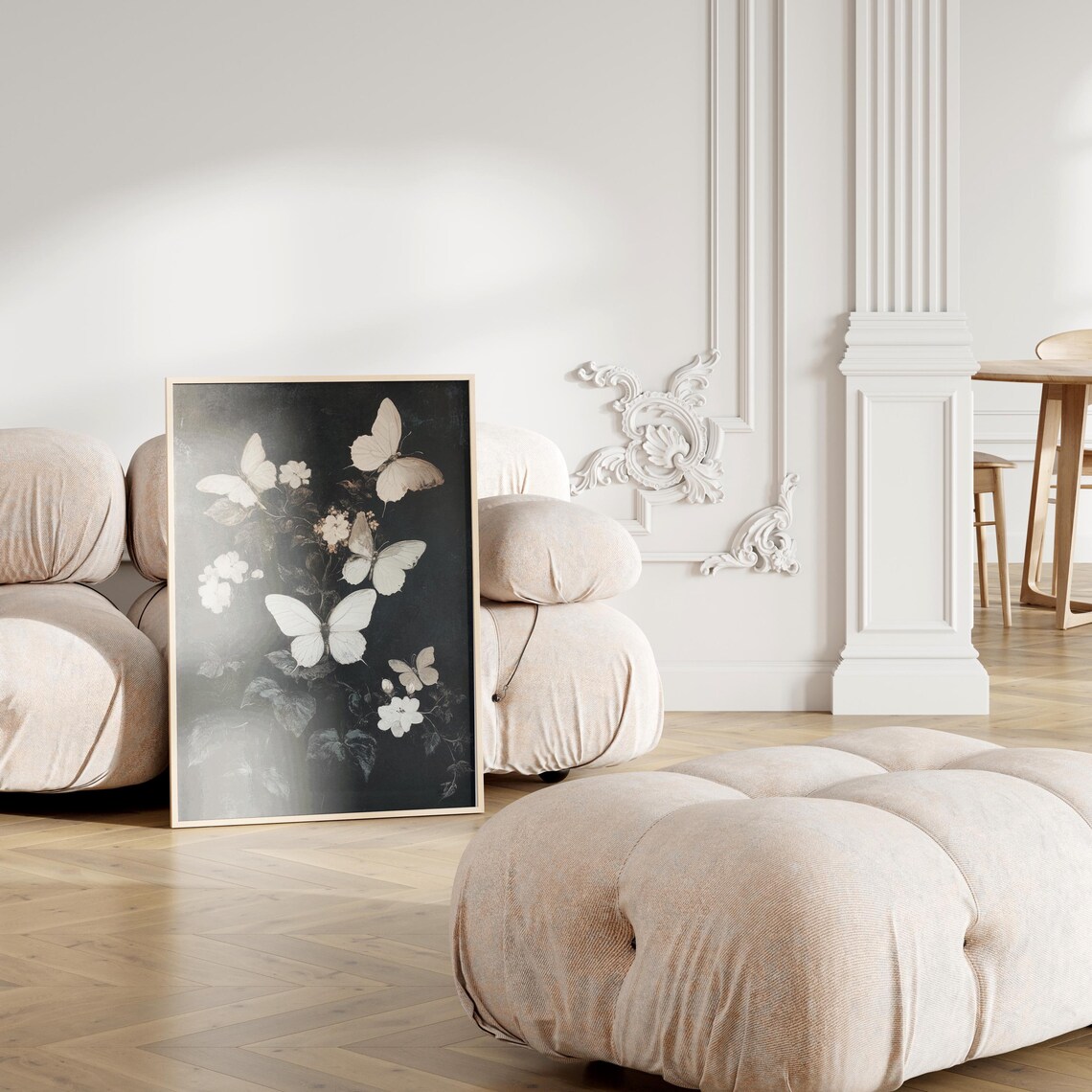 White Butterflies Dark Moody Botanical Oil Painting Art Print - Image 3