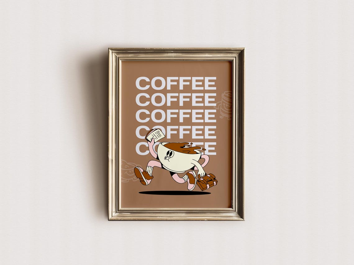 Coffee Repeat Running Cup Mascot Brown Retro Kitchen Wall Poster - Image 2
