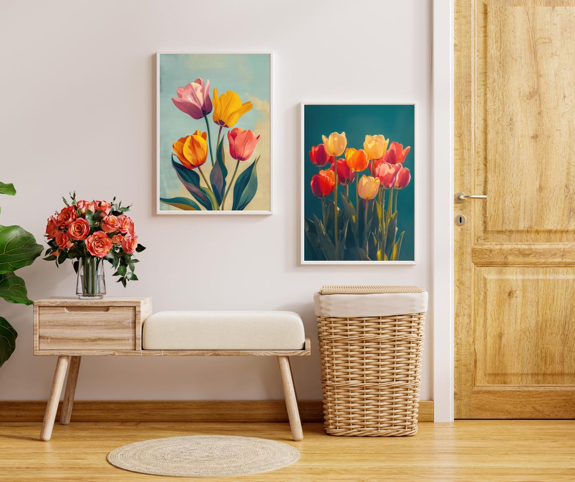 Pink Yellow Tulips Vintage Botanical Spring Floral Wall Art Poster - Image 3