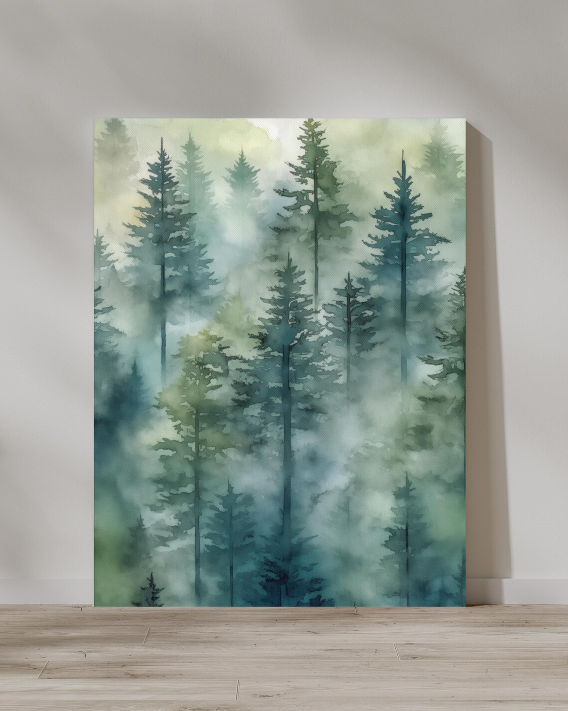 Misty Green Pine Forest Fog Moody Watercolor Nature Wall Poster - Image 2