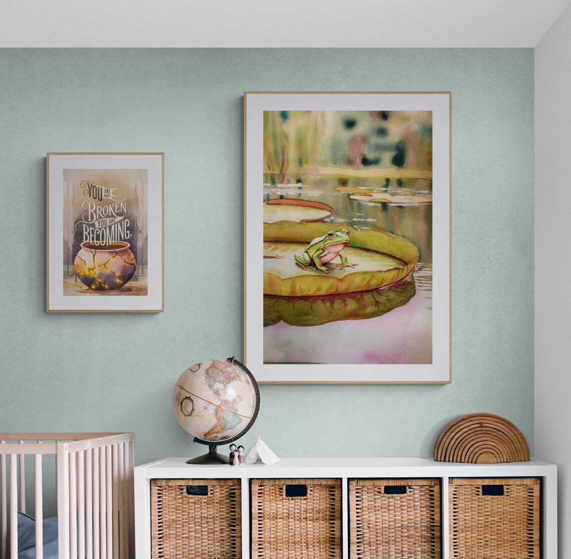 Green Frog on Lily Pad Watercolor Pond Nature Kids Room Poster - Image 2