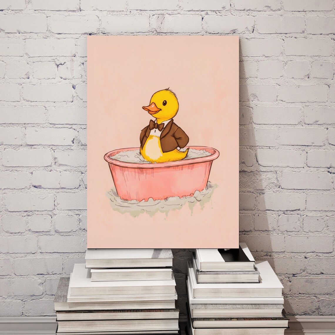 Duck In Tuxedo Bow Tie Pink Bathtub Funny Bathroom Animal Art Poster - Image 2