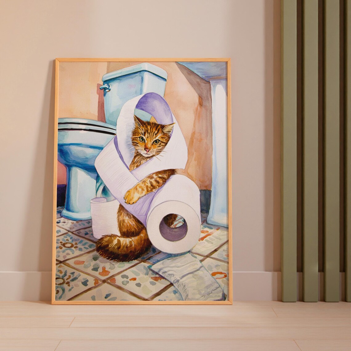 Funny Cat Tangled in Toilet Paper Bathroom Watercolor Kitty Poster