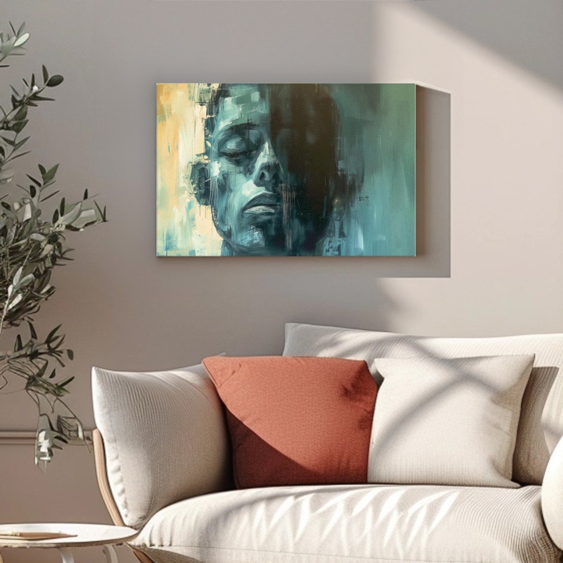 Abstract Surreal Face Portrait Muted Teal Moody Conceptual Art Poster - Image 3