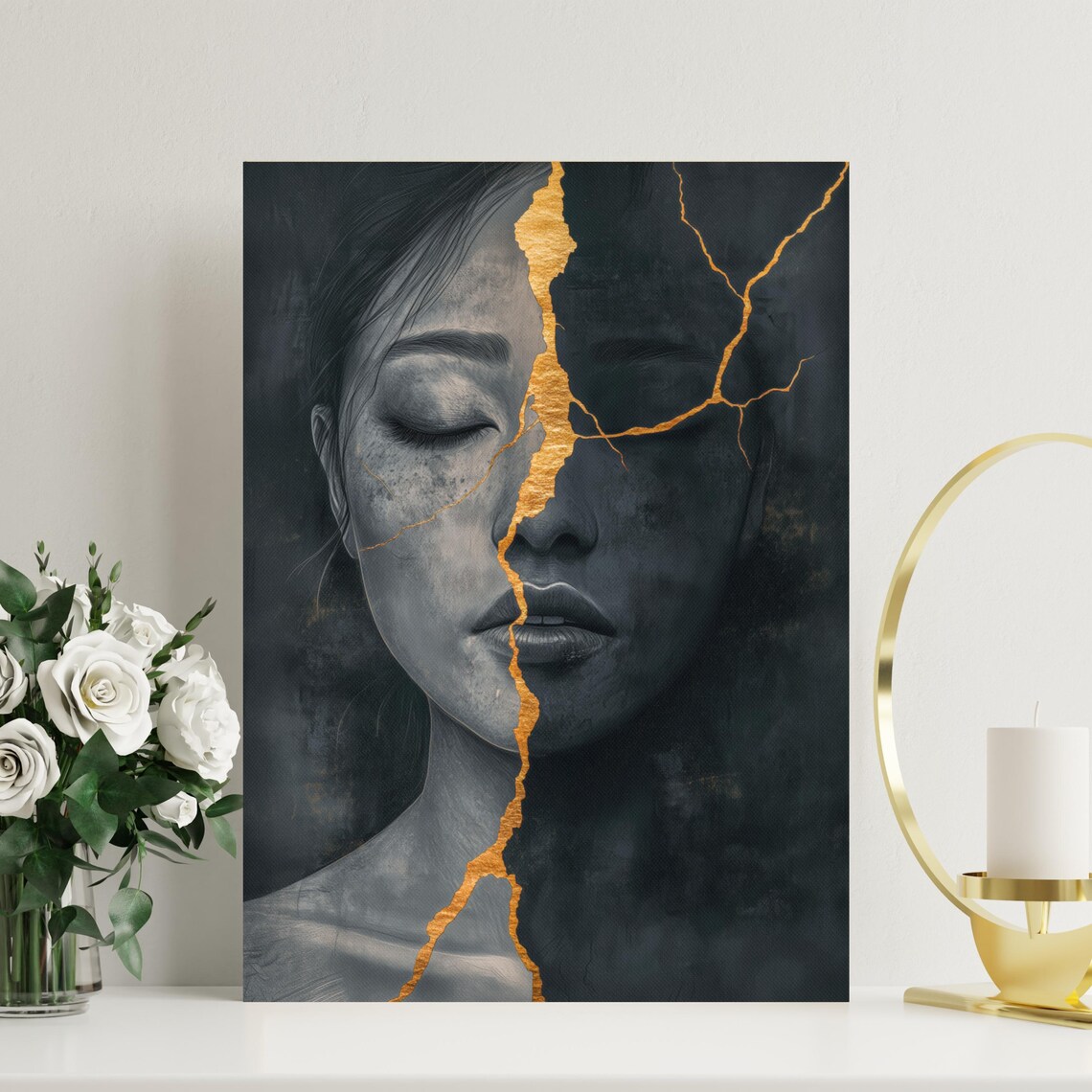 Kintsugi Woman Portrait, Black And Gold Art Print