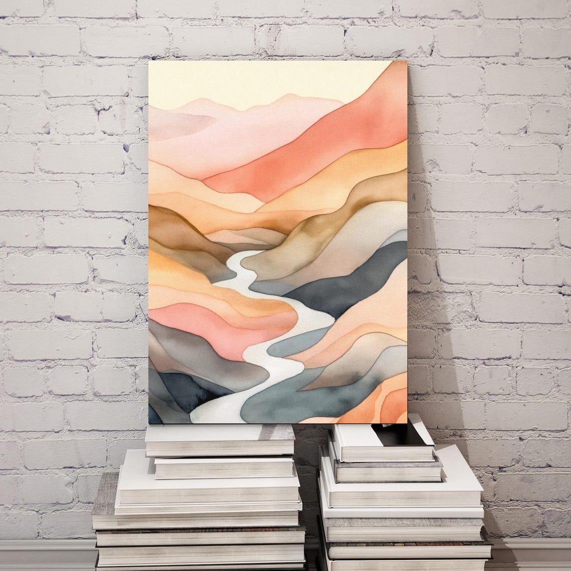 Watercolor Mountain River Scene Muted Landscape Art In Earthy Tones For Boho Wall Decor Or Vertical Display - Image 5