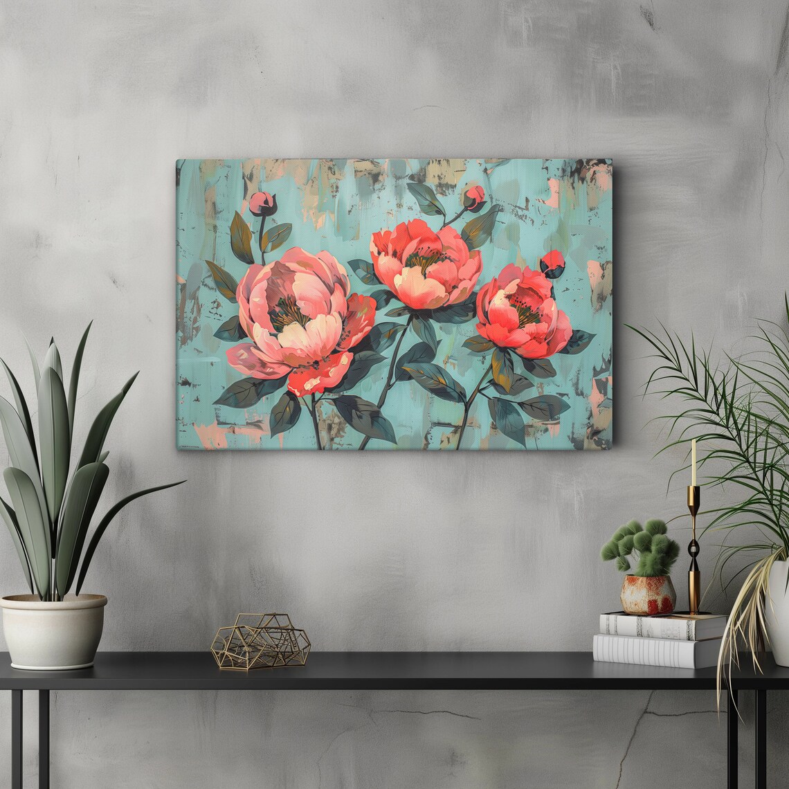 Coral Peony Blossoms Teal Background Modern Floral Wall Art Poster - Image 5