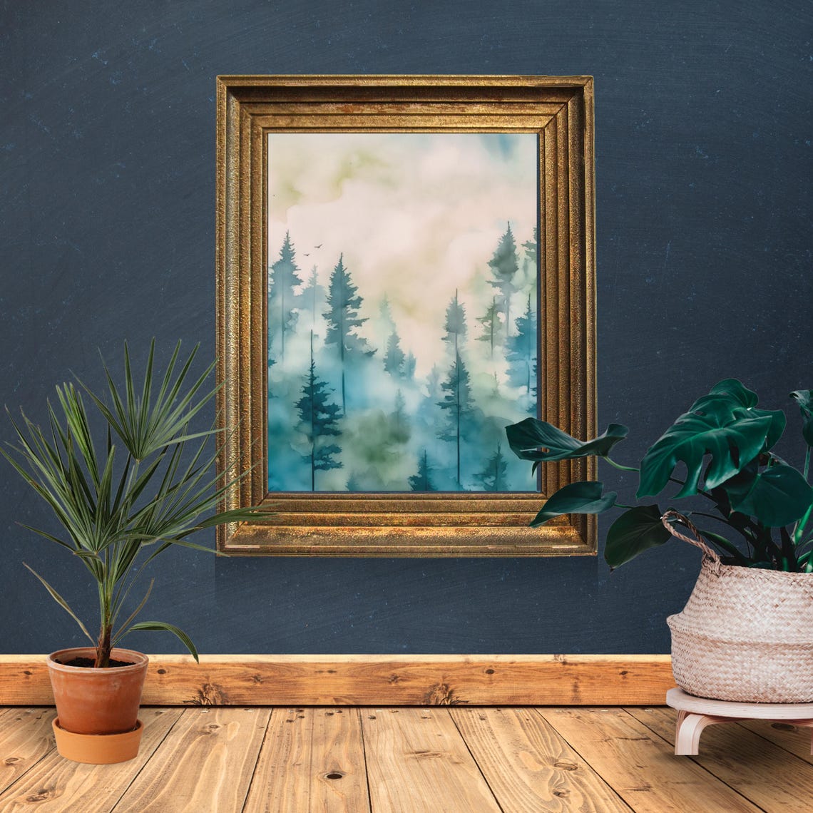 Misty Pine Forest Watercolor Teal Foggy Trees Calming Nature Poster - Image 2