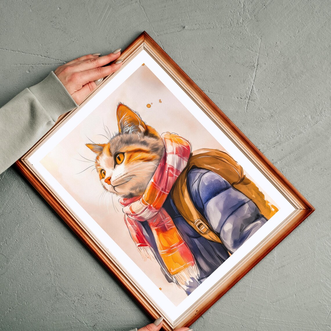 Adorable Tabby Cat in Puffer Jacket and Scarf Watercolor Animal Art Poster - Image 3
