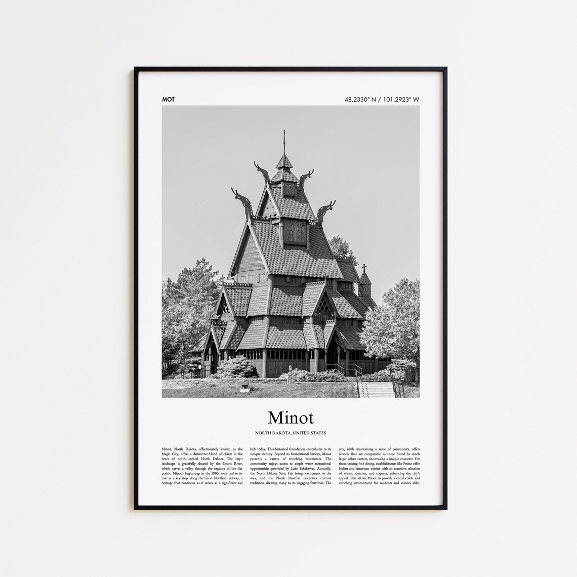 Minot North Dakota Black And White Photo Poster With Stave Church