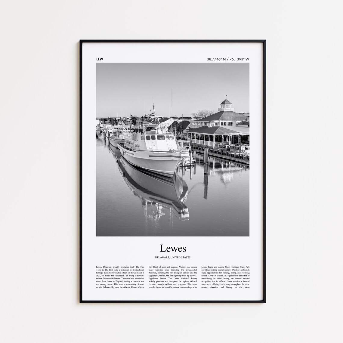 Lewes Delaware Black And White Photo Poster Harbor Boats Travel