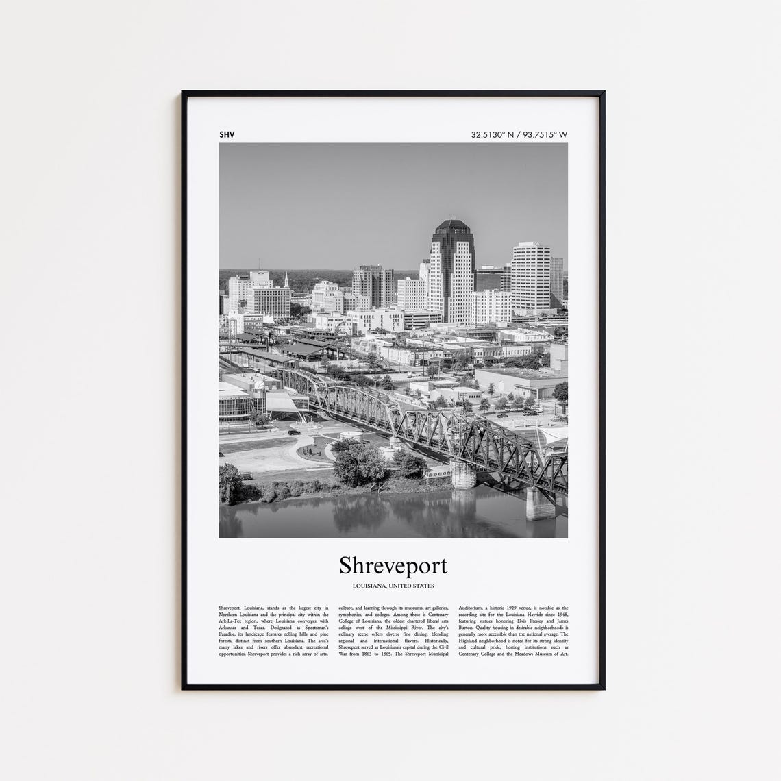 Shreveport Black And White Print Photo Poster Travel Gift Louisiana United States Usa Wall Art