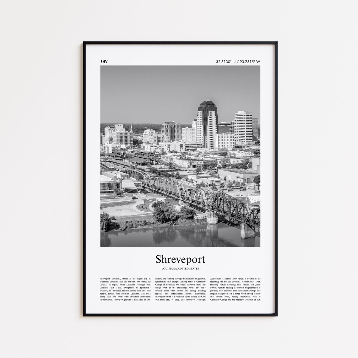 Shreveport Louisiana Black And White Skyline Photo Travel Poster