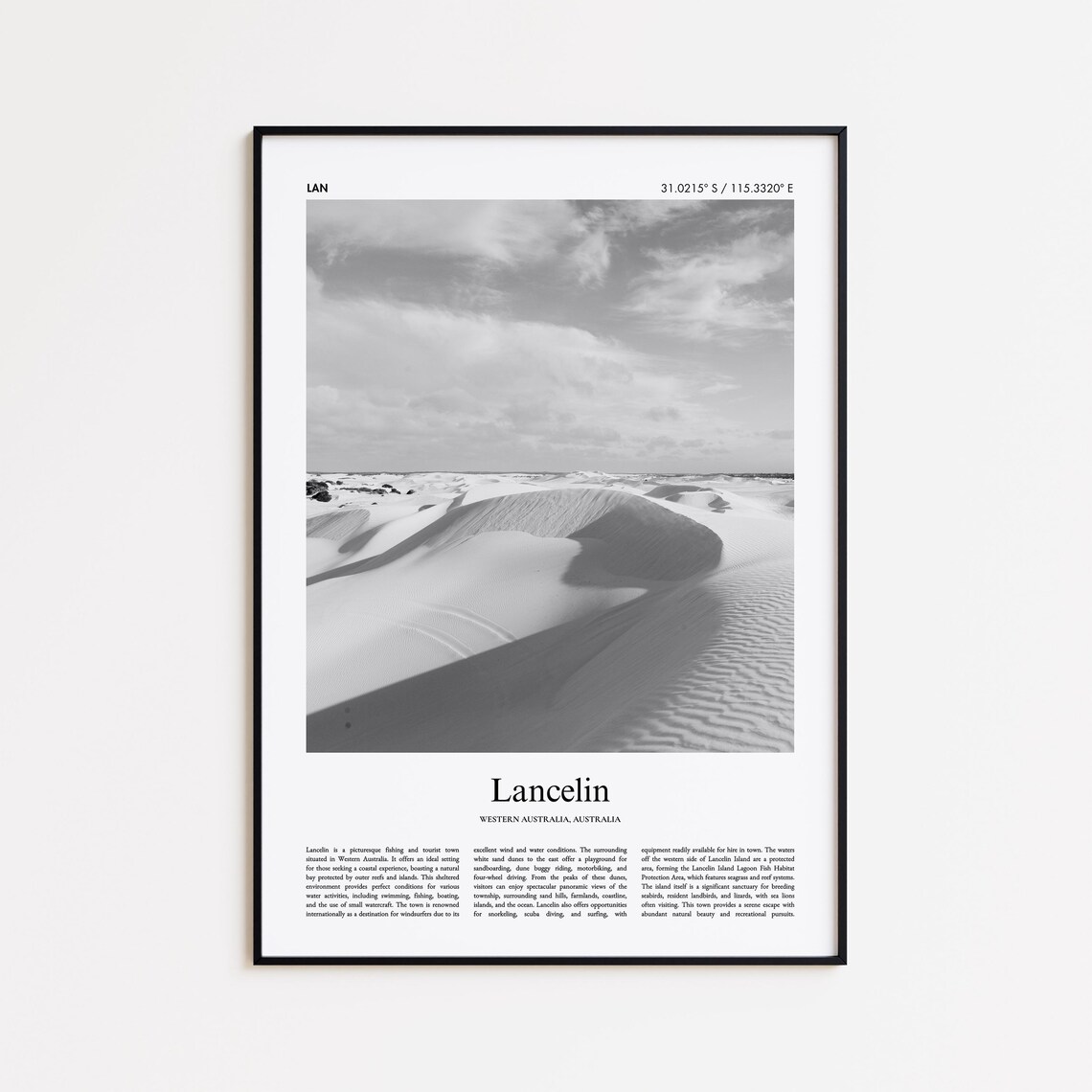 Lancelin Sand Dunes Black and White Desert Landscape Photo Poster