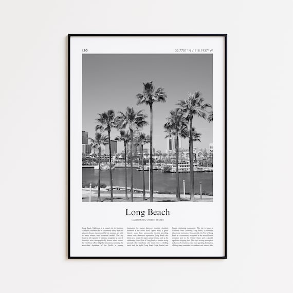 Long Beach California Black and White Palm Marina Travel Poster