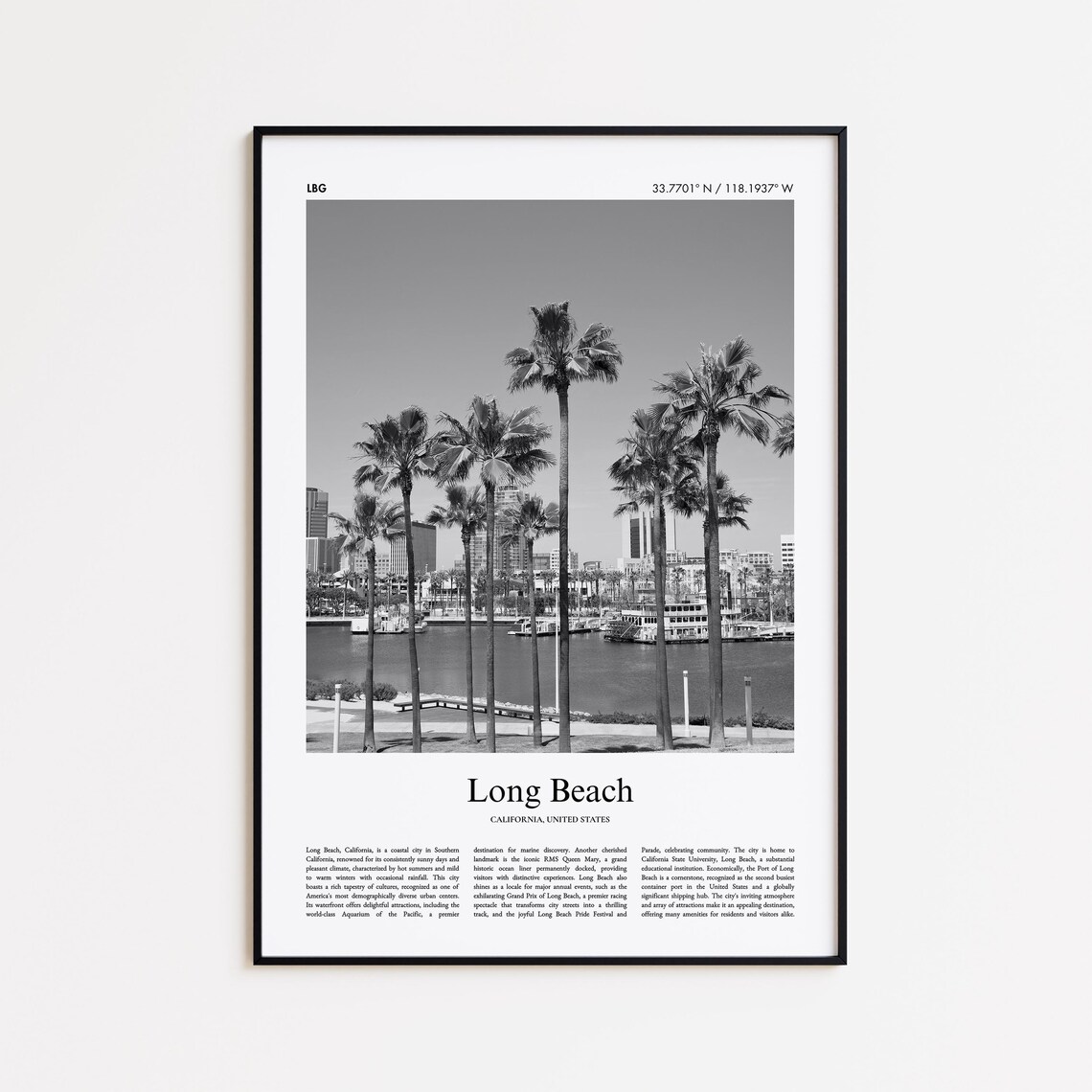 Long Beach California Black and White Palm Marina Travel Poster