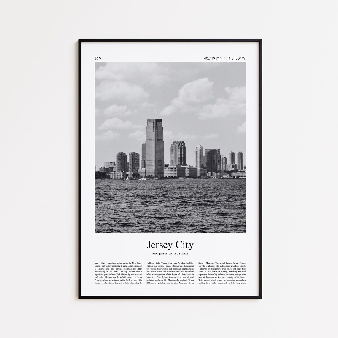 Jersey City New Jersey Black and White Waterfront Skyline Poster