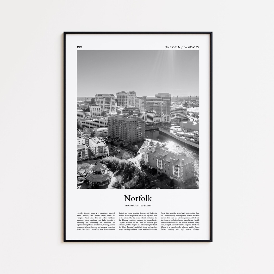 Norfolk Virginia Black And White Harbor Skyline City Photo Print