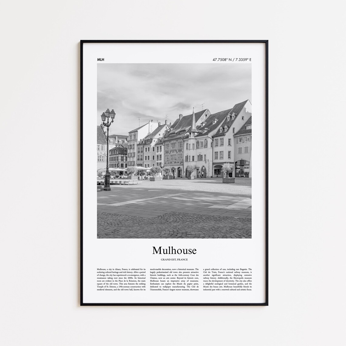 Mulhouse Old Town Square Black and White France Travel Poster