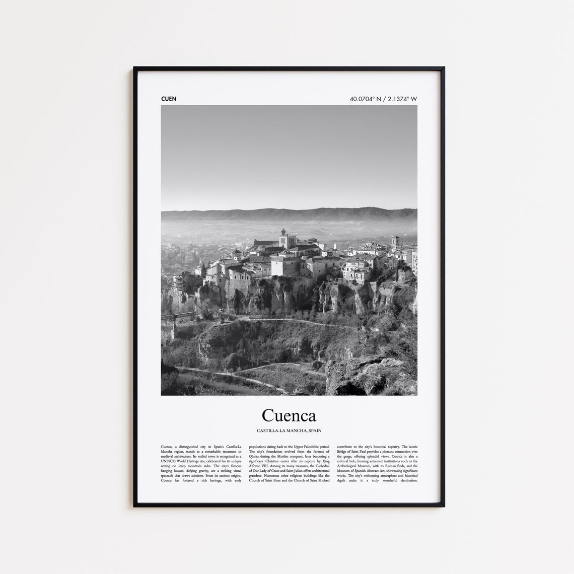Cuenca Spain Black and White Cliffside Hanging Houses Travel Poster