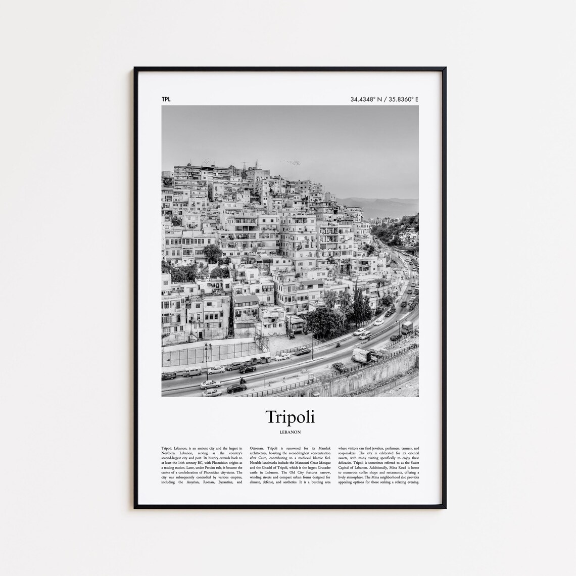 Tripoli Lebanon Black And White Hillside City Minimal Travel Poster