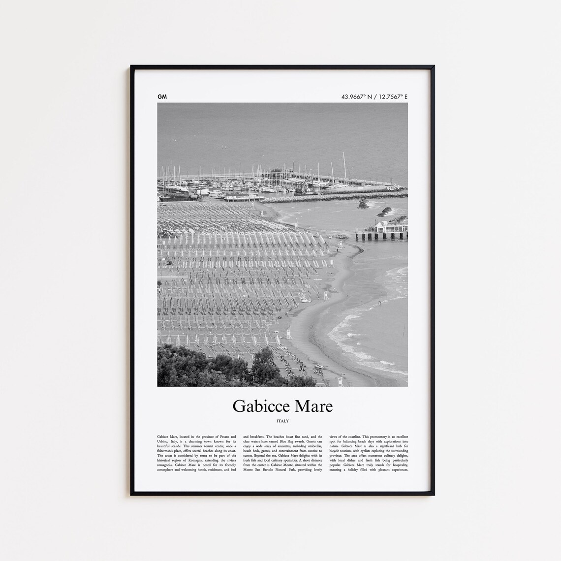 Gabicce Mare Umbrella Beach Aerial Black and White Italy Poster