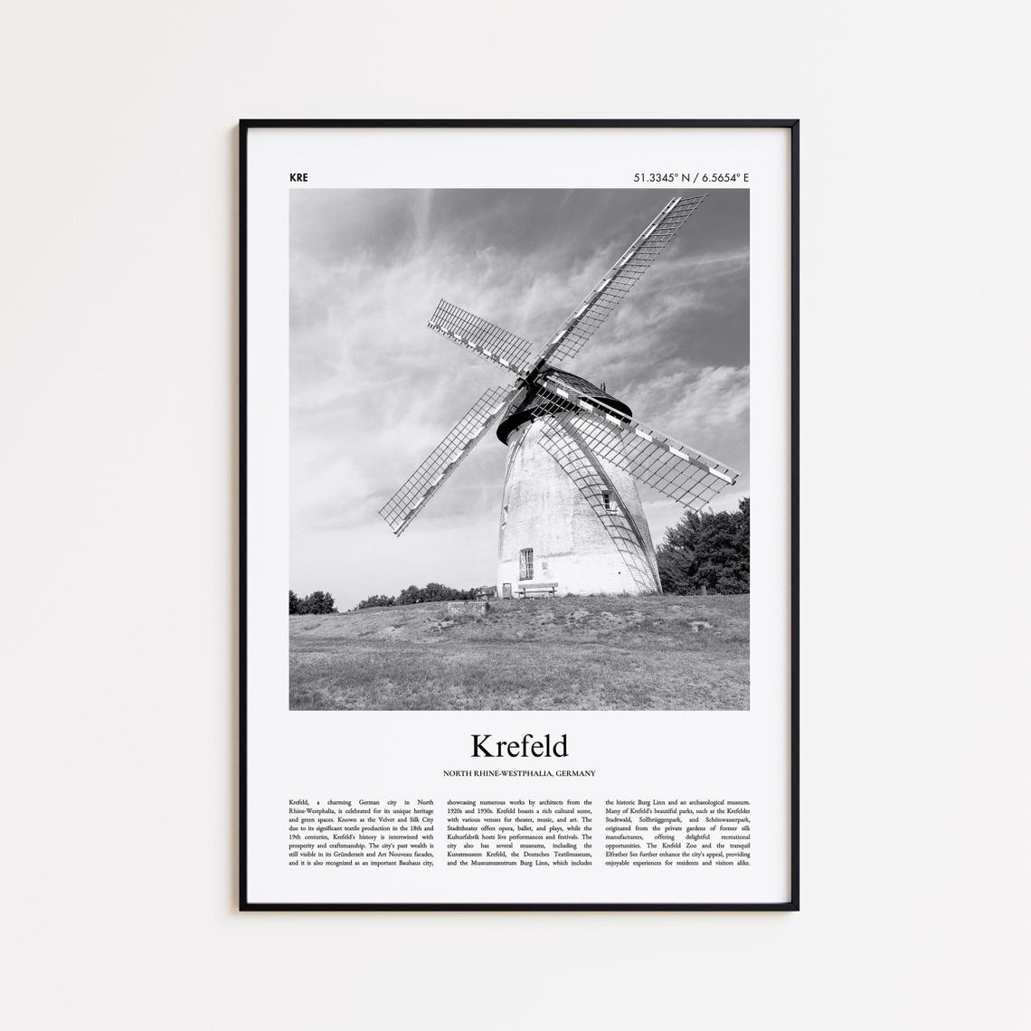 Krefeld Germany Windmill Black and White Photo Travel Poster