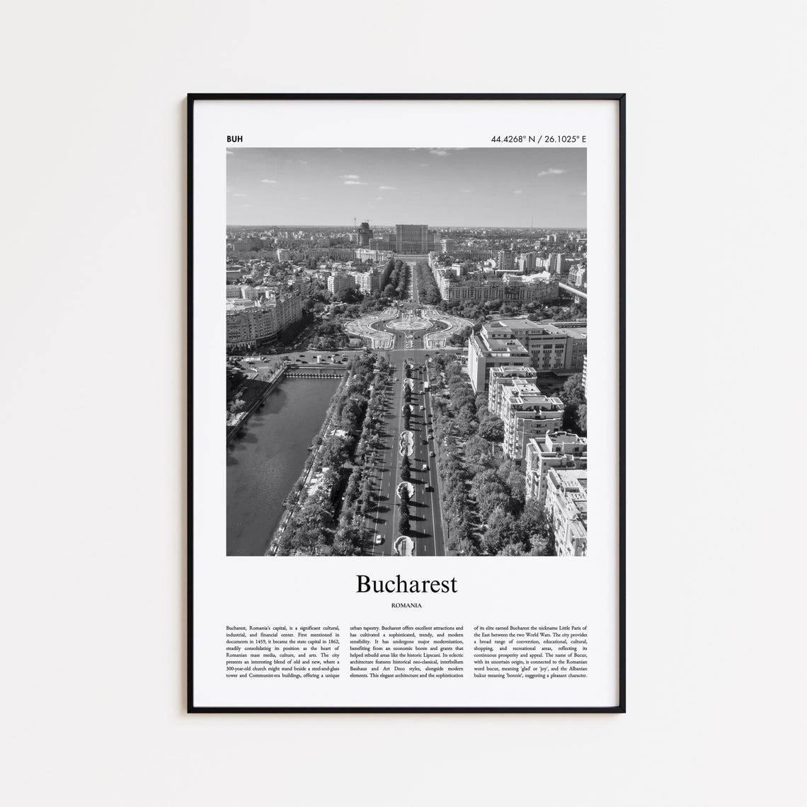 Bucharest Grand Boulevard Aerial Black White Romania Poster Art