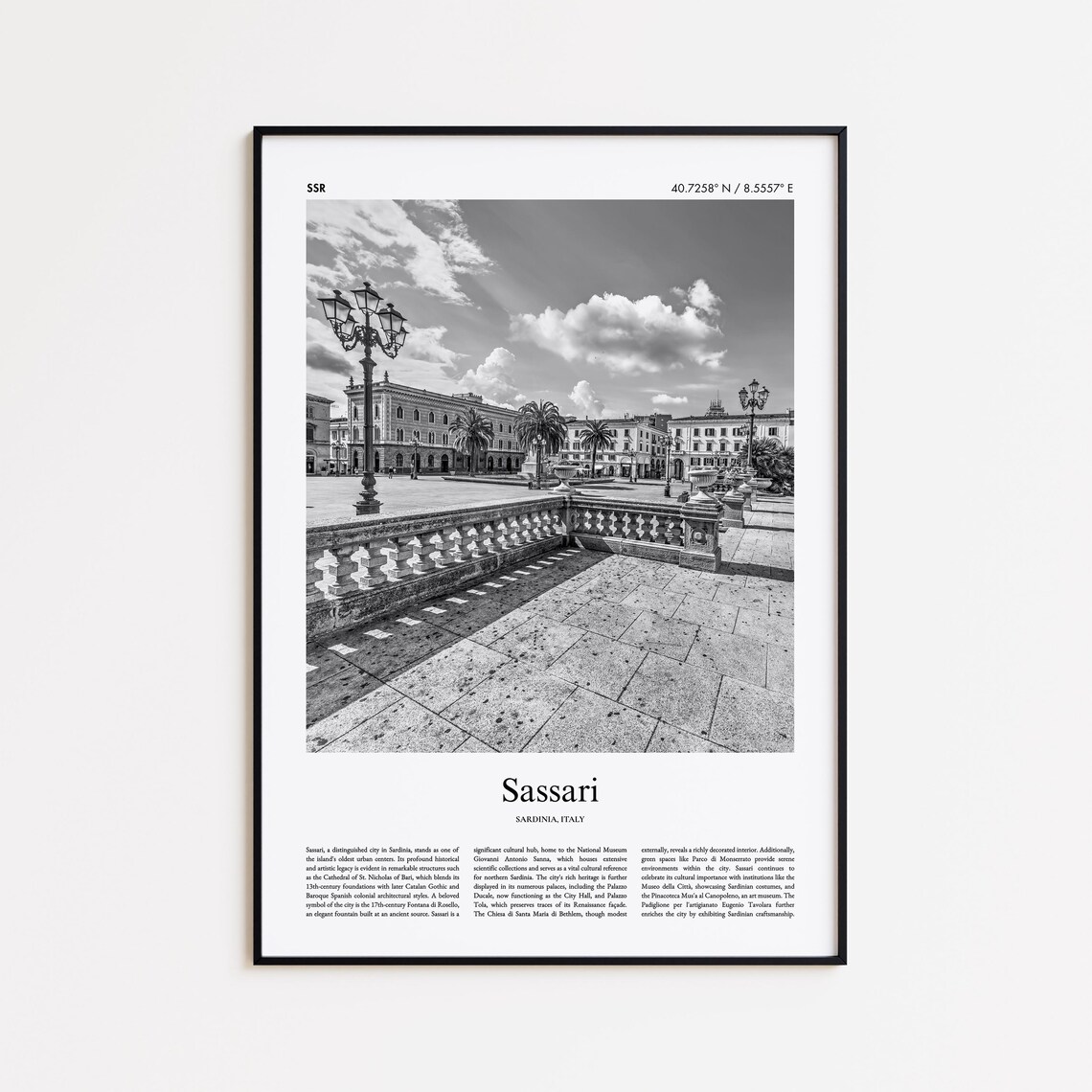 Sassari Sardinia Italy Black and White Plaza Photo Travel Poster