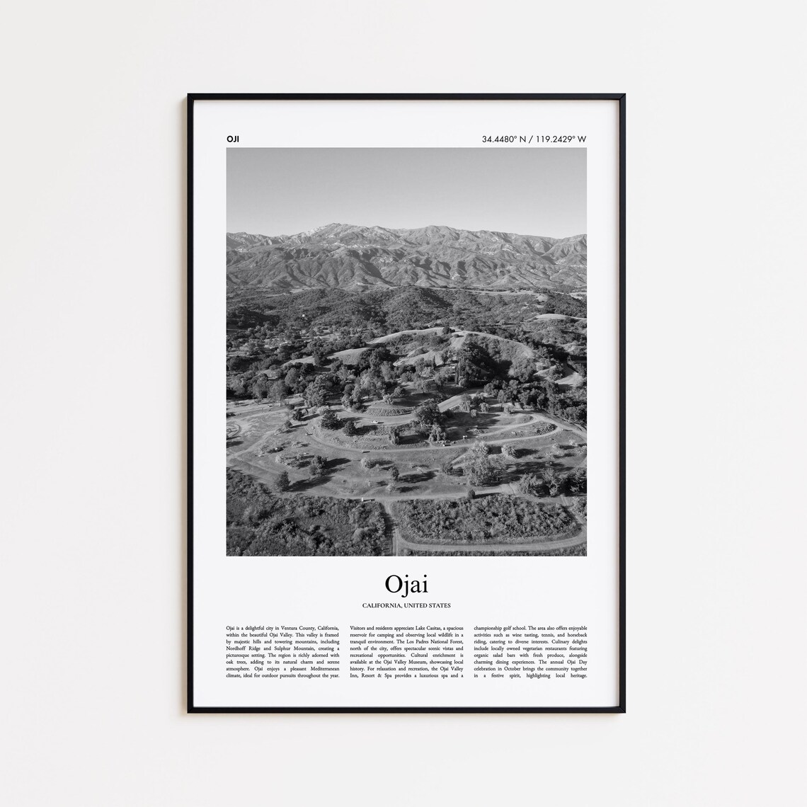 Ojai California Valley Mountain Black and White Photo Poster