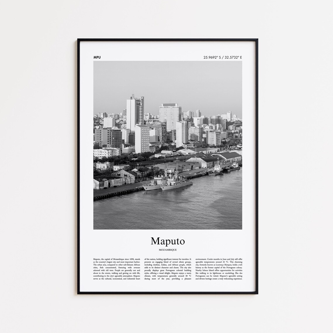 Maputo Mozambique Harbor Skyline Black and White Travel Poster