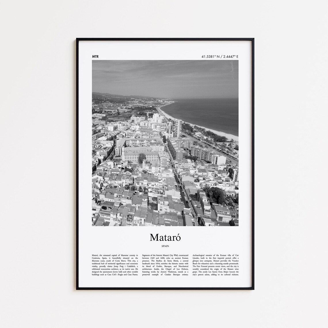Mataro Spain Aerial Coastline Black and White City Photo Poster