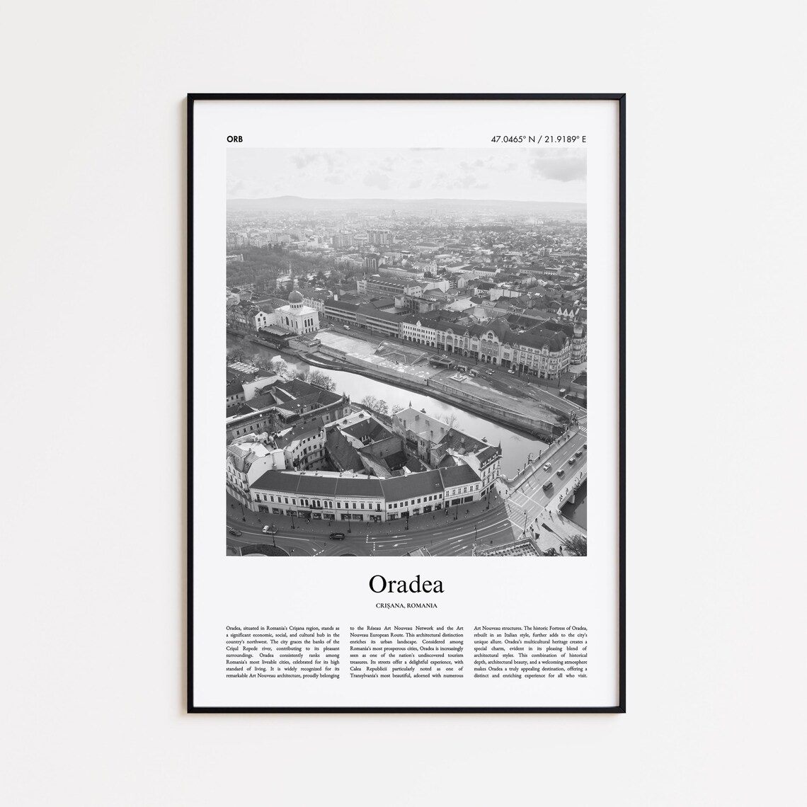 Oradea Romania Riverside Cityscape Aerial Black and White Photo Poster