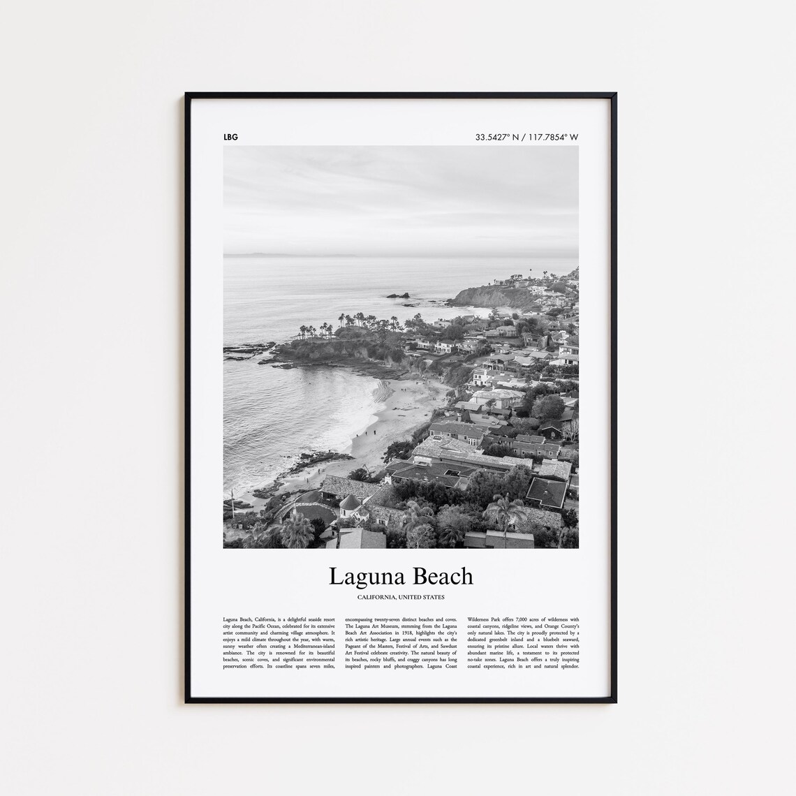 Laguna Beach California Coastal Aerial Black and White Photo Poster
