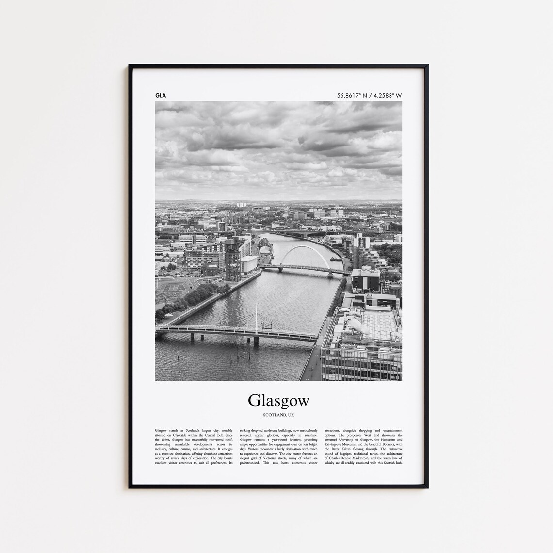 Glasgow Scotland Black and White Aerial River City Photo Poster