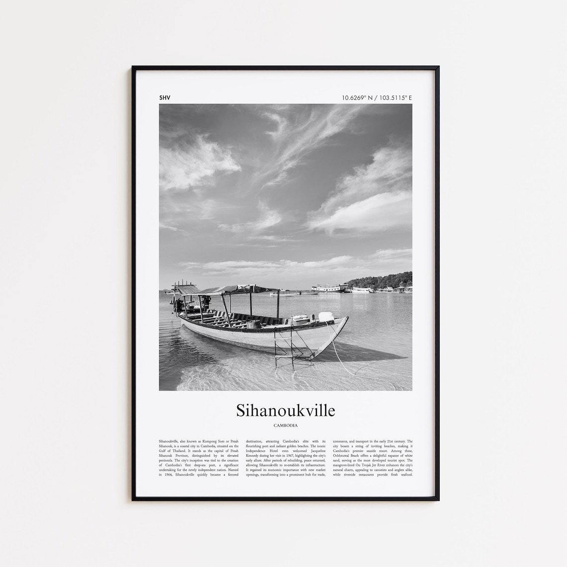 Sihanoukville Cambodia Beach Boat Black And White Travel Poster